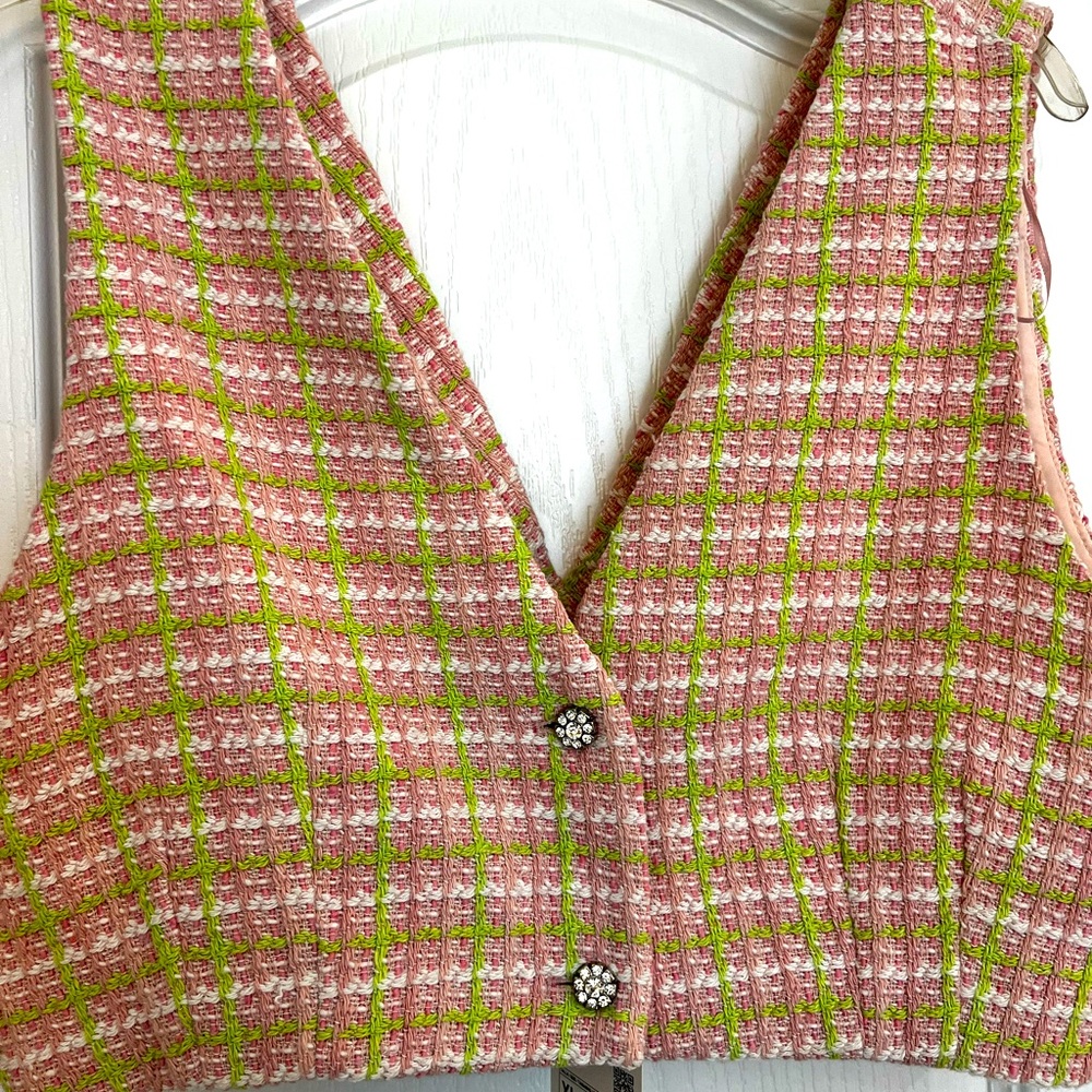 XL Zara Pink & Green Crop Tweed Vest Rhinestone Two Buttons